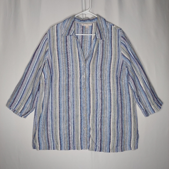 HM Collection Linen Button Top Women 16W Blue Metallic Stripe Collar 3/4 Sleeve - Picture 1 of 8